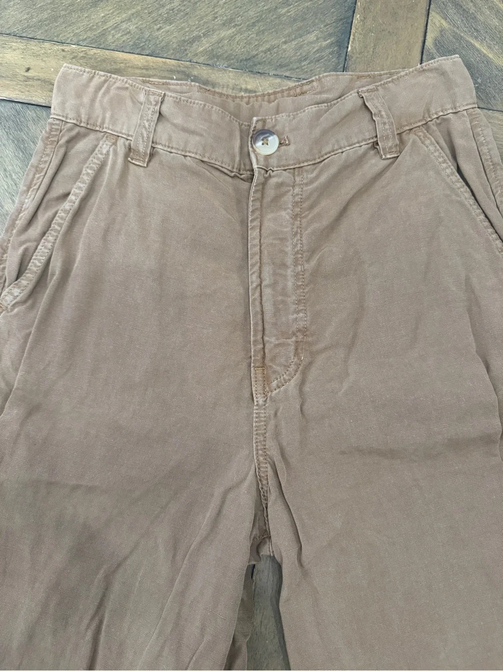 Zara Wide Leg Utility Front Knee Pocket Pant Tan Size XS 30.5” Linen-Blend